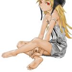  bakemonogatari barefoot blonde_hair camisole dress feet hands_on_feet helmet legs long_hair long_legs lowres monogatari_(series) oshino_shinobu red_eyes redjuice simple_background sitting soles solo strap_slip white_background 