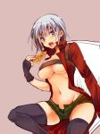  1girl blue_eyes breasts chest_strap cleavage coat commentary_request dante_(devil_may_cry) devil_may_cry devil_may_cry_3 fingerless_gloves genderswap genderswap_(mtf) gloves jacket large_breasts midriff navel oshiruko_(tsume) panties short_hair silver_hair solo thighhighs underboob underwear 