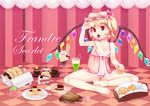  babydoll bad_id bad_pixiv_id blonde_hair cake candy checkered checkered_floor cherry cream_puff cupcake doughnut fang feet flandre_scarlet food fruit hat jeolchwiseon_(dotted_line) lace_border lollipop parfait red_eyes side_ponytail sitting solo string_panties tongue touhou wings 
