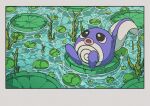  animal_focus day highres lily_pad no_humans onamuzi_illust open_mouth outdoors plant pokemon pokemon_(creature) pokemon_focus poliwag pond tail water 