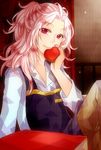  apple apron food fruit male_focus mawaru_penguindrum pink_eyes pink_hair ponytail r5122007 solo watase_sanetoshi 