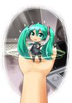  absurdres aqua_eyes aqua_hair chibi detached_sleeves hands hatsune_miku highres long_hair looking_at_viewer microphone minigirl open_mouth pon_(pompokopon) pov smile twintails vocaloid 