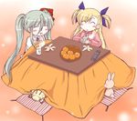  ^_^ blush closed_eyes einhart_stratos kotatsu kuromitu_(kageneko) long_hair lyrical_nanoha mahou_shoujo_lyrical_nanoha_vivid multiple_girls smile table vivio 