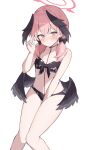  1girl absurdres bikini black_bikini black_bow black_wings blue_archive blush bow breasts closed_mouth feathered_wings floral_print floral_print_bikini hair_bow halo head_wings highres koharu_(blue_archive) koharu_(swimsuit)_(blue_archive) looking_at_viewer low_twintails low_wings official_alternate_costume pink_hair pink_halo playing_with_own_hair print_bikini shy simple_background small_breasts solo spaghetti_strap swimsuit tsubaki_0317 twintails white_background wings 
