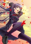  alternate_legwear bad_id bad_pixiv_id black_hair black_legwear black_serafuku breasts hime_cut kanoe_yuuko leaf long_hair medium_breasts open_mouth pleated_skirt school_uniform serafuku skirt smile solo sunset tasogare_otome_x_amnesia thighhighs toshi_(1-147) 