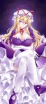  bespectacled blonde_hair blush bow breast_hold breasts choker cleavage crossed_arms crossed_legs dress eyebrows fan folding_fan frilled_dress frills glasses hair_bow hat hat_ribbon high_heels highres large_breasts long_hair okitakung petticoat puffy_sleeves purple_eyes ribbon ribbon_choker shoes sidelocks sitting smile solo squinting thighhighs touhou white_legwear yakumo_yukari 