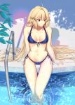  1girl arcueid_brunestud bikini blonde_hair blue_bikini breasts highres iro_(sekaixiro) long_hair partially_submerged pool red_eyes sitting solo swimsuit tsukihime very_long_hair 