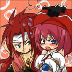  1boy 1girl bare_shoulders blue_eyes blush breasts brother_and_sister coat detached_sleeves dress elbow_gloves gloves hat headband long_hair lowres open_mouth orange_background red_hair seles_wilder short_hair siblings smile tales_of_(series) tales_of_symphonia zelos_wilder 