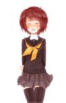 alternate_hair_length alternate_hairstyle arms_behind_back closed_eyes k-a-i kujikawa_rise open_mouth persona persona_4 red_hair school_uniform serafuku short_hair skirt smile solo thighhighs white_background 