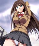  aozaki_aoko arms_up blue_eyes brown_hair from_below highres long_hair mahou_tsukai_no_yoru panties pantyshot ribbon school_uniform skirt solo umakatsuhai underwear 