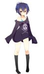  blue_eyes blue_hair blush bra breasts cosplay k-a-i medium_breasts off_shoulder oversized_clothes persona persona_4 shirogane_naoto shirt short_hair skull_and_crossbones sleeves_past_fingers sleeves_past_wrists socks solo underwear 