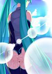  aqua_hair detached_sleeves from_behind hatsune_miku lens_flare long_hair pon_(pompokopon) skirt smile solo twintails very_long_hair vocaloid 