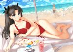  1girl 2girls absurdres andychen662000 artoria_pendragon_(fate) barefoot beach beach_towel bikini black_hair blue_eyes blue_sky breasts cloud collarbone cup day drink drinking_straw emiya_shirou fate/stay_night fate_(series) food fruit full_body highres lime_(fruit) lime_slice long_hair lying male_swimwear medium_breasts multiple_girls navel ocean on_side outdoors parted_lips red_bikini saber_(fate) sand sand_castle sand_sculpture side-tie_bikini_bottom sky stomach strawberry sunglasses swim_trunks swimsuit thighs tohsaka_rin towel unworn_eyewear very_long_hair water white_bikini 