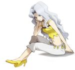  ang bare_shoulders breasts chin_rest cleavage crop_top elite_four full_body grey_eyes high_heels karin_(pokemon) leaning long_hair midriff navel pokemon pokemon_(game) pokemon_hgss shadow shoes silver_hair sitting small_breasts smile solo strap_slip 