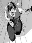  1boy blush eyepatch greyscale kneeling looking_at_viewer male_focus masaru_(poco) monochrome necktie shokudaikiri_mitsutada solo touken_ranbu trembling waistcoat wooden_floor 