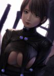  1girl arms_under_breasts black_bodysuit bodysuit breasts brown_eyes brown_hair cleavage crop_top crossed_arms expressionless gantz gantz_suit genderswap genderswap_(mtf) highres jchoy kurono_kei large_breasts looking_at_viewer short_hair solo underboob upper_body 