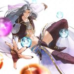  1boy abs ball bishounen black_boots black_jacket black_nails black_thighhighs boots codpiece cropped_jacket feather_hair_ornament feathers final_fantasy final_fantasy_ix fingernails floating foot_out_of_frame gold_trim grey_hair hair_ornament jacket kuja long_fingernails long_hair makuramuika male_focus midriff outstretched_hand parted_bangs showgirl_skirt smile solo sparkle thigh_boots thighhighs white_background white_sleeves 