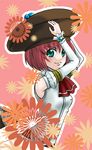  1girl aqua_eyes bare_shoulders breasts detached_sleeves dress flower hat pink_background red_hair seles_wilder short_hair tales_of_(series) tales_of_symphonia 