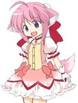  ahoge animal_ears cosplay dog_days dog_ears dog_girl flat_chest gloves kaname_madoka kaname_madoka_(cosplay) kuromitu_(kageneko) magical_girl mahou_shoujo_madoka_magica millhiore_f_biscotti open_mouth pink_hair purple_eyes ribbon short_hair simple_background smile solo white_background 