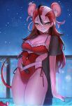  1girl absurdres animal_ears black_hair blue_eyes bow breasts cleavage grin hakos_baelz hakos_baelz_(holonatsu_paradise) highleg highleg_one-piece_swimsuit highres hololive hololive_english holonatsu_paradise large_breasts mouse_ears mouse_girl mouse_tail mr._squeaks_(hakos_baelz) multicolored_hair night night_sky official_alternate_costume official_alternate_hairstyle one-piece_swimsuit outdoors red_hair red_one-piece_swimsuit sky smile solo soup_(soupysoull) swimsuit tail tail_bow tail_ornament teeth virtual_youtuber white_hair 