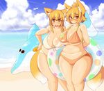  2girls animal_ears beach bikini blonde_hair blush breasts brown_bikini curvy embarrassed eyebrows female fox_ears fox_tail hips legs multiple_girls natsupoi navel ocean orange_eyes original plump short_hair standing summer swimsuit tail white_bikini white_swimsuit wide_hips 