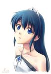  2012 bare_shoulders blue_eyes blue_hair blush collarbone dated diamond_(shape) flat_chest gem halterneck head_tilt jewelry lips looking_at_viewer nicca_(kid_nicca) original parted_lips signature simple_background sleeveless solo tiara upper_body watermark white_background 