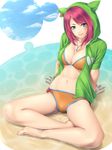  arm_support bad_id bad_pixiv_id barefoot bikini blue_eyes breasts cleavage cloud heart hood hoodie indian_style jewelry large_breasts mochi.f navel open_clothes open_hoodie orange_bikini original partially_submerged pendant pink_hair shiny shiny_skin short_hair sitting smile solo spade_(shape) swimsuit water 