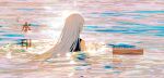  1girl arknights bare_shoulders black_shirt bloom chinese_text day dusk facing_away floating_hair highres jinfeng0430 long_hair ocean outdoors partially_submerged reflection reflective_water ripples scenery shirt skadi_(arknights) skadi_(elite_ii)_(arknights) solo upper_body very_long_hair wading water weibo_username white_hair 