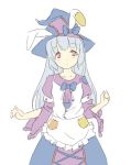  1girl animal_ears apron breasts bunny_ears commentary dress frills hat irisu_kyouko irisu_shoukougun! long_hair looking_at_viewer monorus red_eyes ribbon silver_hair solo white_hair witch_hat 