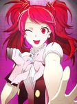  hiraijin jewelry kujikawa_rise long_hair one_eye_closed open_mouth persona persona_4 reaching red_eyes red_hair smile solo twintails 