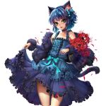  1boy animal_ear_fluff animal_ears bare_shoulders black_jacket black_tail blue_bow blue_dress blue_hair bouquet bow cat_boy cat_ears cat_tail center_frills collarbone commentary commission cowboy_shot dress elbow_carry english_commentary flower frilled_dress frills fur-trimmed_jacket fur-trimmed_sleeves fur_trim green_eyes hair_bow jacket jacket_partially_removed lips looking_at_viewer male_focus one_side_up parted_lips red_flower red_petals ryoune_yami sammi_hisame short_hair simple_background skinny skirt_hold sleeveless sleeveless_dress smile solo standing tail trap utau white_background 