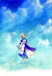  ahoge armor armored_dress artoria_pendragon_(all) bad_id bad_pixiv_id blonde_hair cloud day dress excalibur fate/zero fate_(series) gauntlets norino_moto saber sky solo sword traditional_media watercolor_(medium) weapon 