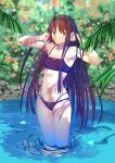  1girl absurdres bare_arms bare_legs bare_shoulders bikini blue_eyes breasts closed_mouth highres iro_(sekaixiro) looking_at_viewer palm_tree shadow simple_background small_breasts standing swimsuit tohno_akiha tree tsukihime tsukihime_(remake) water 