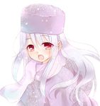  blush fate/stay_night fate/zero fate_(series) hat hoshiyume_yashiro illyasviel_von_einzbern long_hair open_mouth purple_hat red_eyes scarf silver_hair solo 