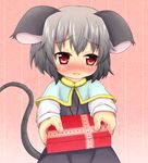  animal_ears bandaid_(ban8) blush box capelet embarrassed gift grey_hair jewelry mouse_ears mouse_tail nazrin pink_background red_eyes short_hair solo tail touhou 