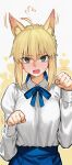  1girl absurdres ahoge animal_ear_fluff animal_ears artoria_pendragon_(fate) black_skirt blonde_hair blue_bow blue_bowtie blue_eyes blush bow bowtie breasts bun_with_braided_base cat_ears cat_girl collared_shirt fate/stay_night fate_(series) hair_bun hands_up highres kamisato_sora long_sleeves medium_breasts medium_hair nervous_sweating paw_pose saber_(fate) shirt shirt_tucked_in sidelocks single_hair_bun skirt solo sweat sweatdrop white_shirt 
