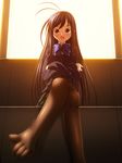  accel_world ahoge black_hair black_legwear crossed_legs feet hatomura_(tareneko_club) highres kuroyukihime legs long_hair pantyhose ribbon school_uniform sitting umesato_middle_school_uniform window 