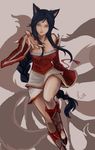  aa2233a ahri animal_ears bare_shoulders black_hair braid breasts cleavage detached_sleeves facial_mark fox_ears fox_tail grey_eyes korean_clothes league_of_legends long_hair looking_at_viewer medium_breasts multiple_tails outstretched_hand single_braid solo tail very_long_hair whisker_markings 