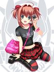  ahoge blush boots camera green_eyes looking_at_viewer miono_shizuku miyata_sou muvluv muvluv_alternative navel open_mouth orange_hair punk ribbon shirt skirt smile solo t-shirt thighhighs twintails zettai_ryouiki 