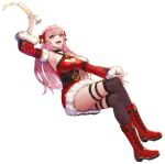  1girl :d absurdres alcohol armpits bare_shoulders bell black_collar boots breasts brown_thighhighs champagne champagne_flute christmas cleavage cleavage_cutout clothing_cutout collar commentary corset crossed_legs cup deepmaru detached_sleeves dress drinking_glass english_commentary full_body fur-trimmed_dress fur-trimmed_sleeves fur_trim garter_straps hair_ribbon hand_on_own_knee heart_cutout highres holding holding_cup invisible_chair king's_raid long_hair medium_breasts official_alternate_costume official_art pansirone pink_hair red_boots red_dress red_eyes red_ribbon red_sleeves ribbon santa_costume santa_dress sitting smile solo spilling symbol-shaped_pupils thigh_strap thighhighs white_fur x-shaped_pupils 