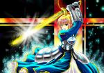  absurdres aka_kitsune armor armored_dress artoria_pendragon_(all) bad_id bad_pixiv_id blonde_hair dress excalibur fate/zero fate_(series) gauntlets glowing glowing_weapon green_eyes hair_ribbon highres light_particles ribbon saber solo sword weapon 