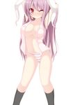  absurdres animal_ears blush breasts bunny_ears chimunge dress_shirt highres large_breasts long_hair navel no_bra no_pants open_clothes open_shirt panties pink_hair purple_hair red_eyes reisen_udongein_inaba shirt solo striped striped_panties touhou underwear white_background wince 