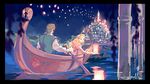  1girl blonde_hair boat border brown_hair cityscape flynn_rider gori_matsu lamppost long_hair night night_sky rapunzel_(disney) scenery sky sky_lantern tangled water watercraft 