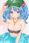  1girl :> armpit_crease bare_arms bare_shoulders blue_eyes blue_hair blue_skirt blunt_bangs breasts cleavage commentary_request dot_nose double-parted_bangs green_hat hair_bobbles hair_ornament hand_on_headwear hand_up hat highres kawashiro_nitori light_blush long_hair looking_at_viewer midriff navel raised_inner_eyebrows simple_background skirt skirt_pocket solo touhou twitter_username two_side_up white_background yuiki_(cube) 