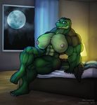  anthro bed bedroom biceps big_breasts breasts crocodile female huge_breasts invalid_tag lamp looking_at_viewer moon muscles muscular_female night nipples nude pose reptile scalie solo thematelija window 