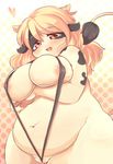  1girl animal_ears blonde_hair blush breasts cow_ears cow_tail furry horns large_breasts long_hair mcdonnell-douglas nipples plump red_eyes smile solo swimsuit tail 