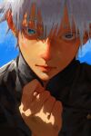  1boy absurdres black_jacket blue_background blue_eyes close-up colored_eyelashes gojou_satoru hand_up high_collar highres impasto jacket jujutsu_kaisen jujutsu_tech_uniform lips long_sleeves looking_at_viewer male_focus niri_(eunhaha02) painterly partially_shaded_face school_uniform shadow short_hair sidelighting solo spiked_hair white_hair 