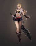  blonde_hair breasts cleavage crop_top denim denim_shorts elbow_gloves fingerless_gloves foreverchaos gloves highres large_breasts lips long_hair midriff navel original red_eyes short_shorts shorts solo sword weapon 