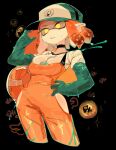  1girl breasts closed_mouth hat highres inkling inkling_girl inkling_player_character large_breasts long_hair long_sleeves looking_at_viewer orange_eyes orange_hair overalls pointy_ears shirt solo splatoon_(series) splatoon_2 tentacle_hair usa37107692 