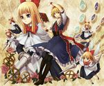  alice_margatroid black_legwear blonde_hair book boots bow capelet dress dual_wielding flower gears goliath_doll hair_bow holding lance long_hair natsume_k pantyhose polearm rose shanghai_doll short_hair smile solo string touhou weapon wrist_cuffs 